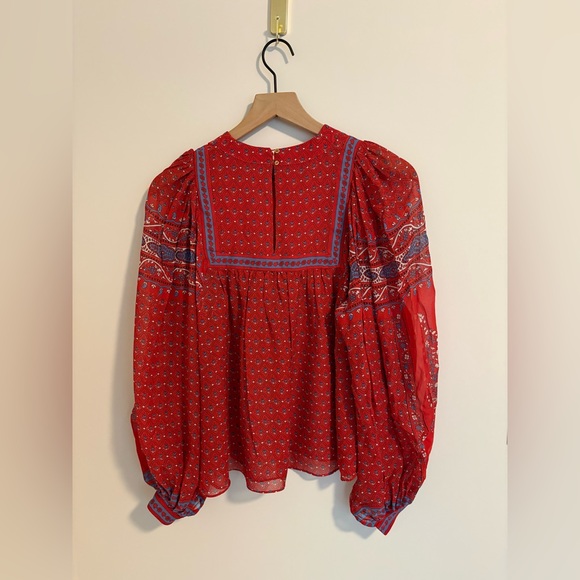 Ulla Johnson Red Blue Floral Paisley Silk Bohemian Blouse Size 0-2 - Picture 5 of 9